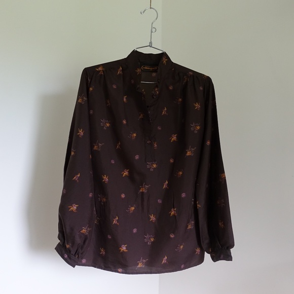 Vintage 1970s Brown Flower Print Blouse - Picture 1 of 3